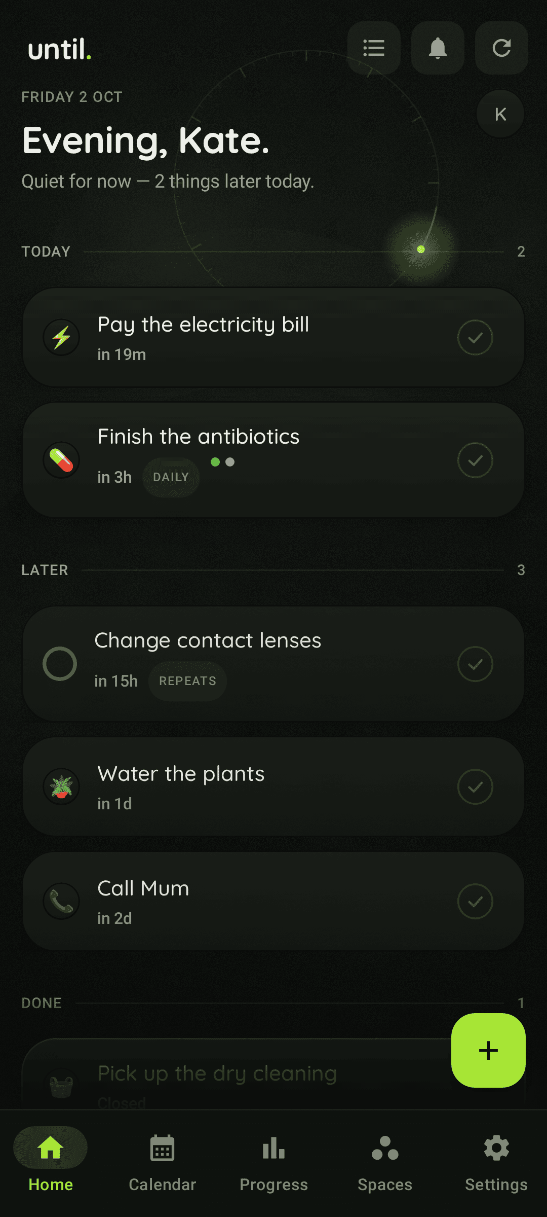 The until. to-do list on Android: today’s tasks and reminders with their times.